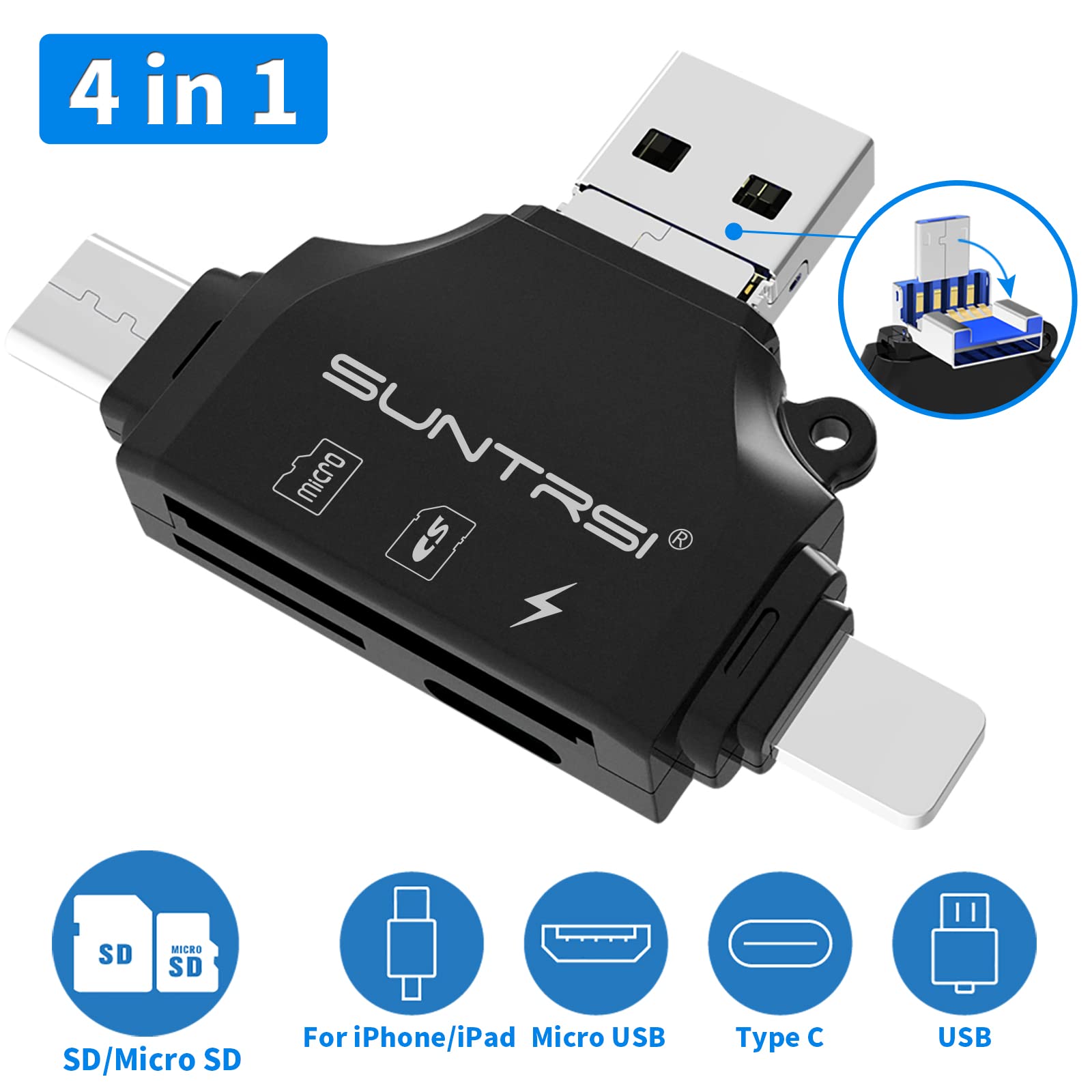4 In 1 Sd Card Reader For Iphone Ipad Android Mac Pc Camera,Micro Sd Card Reader Sd Card Adapter Portable Memory Card Reader Tra